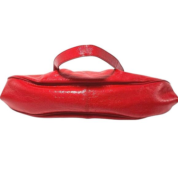 HOBO Red Leather Shoulder Bag w/ Kiss Lock Closure, Black & White Gingham Lining - Picture 6 of 9